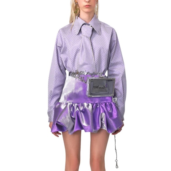 AREA purple metallic mini skirt with bubble hem